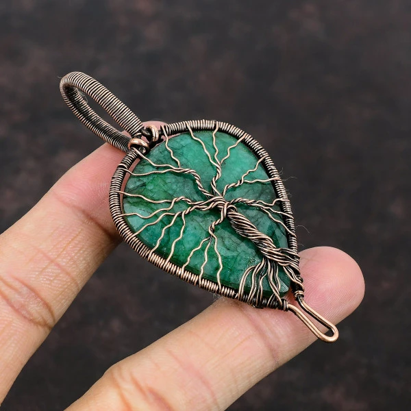 Zambian Emerald Pear Green Handmade Copper Wire Wrapped Pendant
