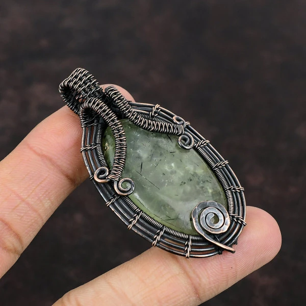 Moss Prehnite Oval Green Handmade Copper Wire Wrapped Pendant