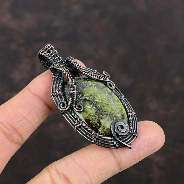 Dragon Bloodstone Oval Green Handmade Copper Wire Wrapped Pendant
