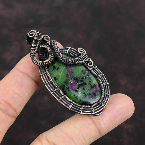 Ruby Zoisite Oval Green Handmade Copper Wire Wrapped Pendant