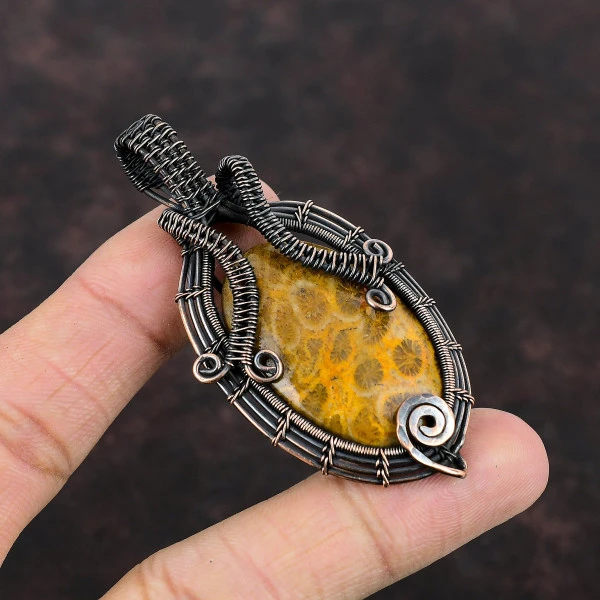 Fossil Coral Oval Brown Handmade Copper Wire Wrapped Pendant