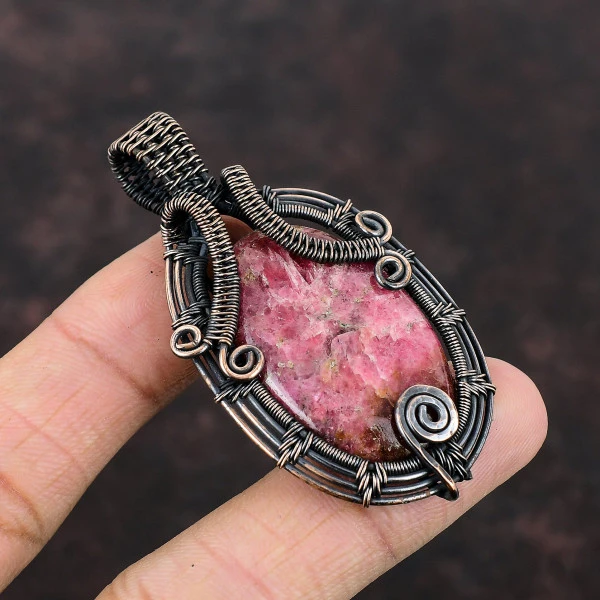 Rhodonite Oval Pink Handmade Copper Wire Wrapped Pendant