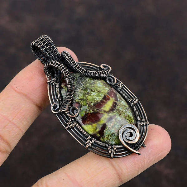 Dragon Bloodstone Oval Green Handmade Copper Wire Wrapped Pendant