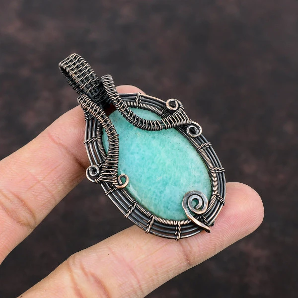 Amazonite Oval Green Handmade Copper Wire Wrapped Pendant