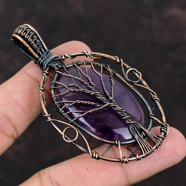 Star Amethyst Oval Purple Handmade Copper Wire Wrapped Pendant