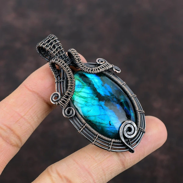 Neon Flash Labradorite Oval Blue Handmade Copper Wire Wrapped Pendant