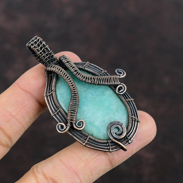 Amazonite Oval Green Handmade Copper Wire Wrapped Pendant