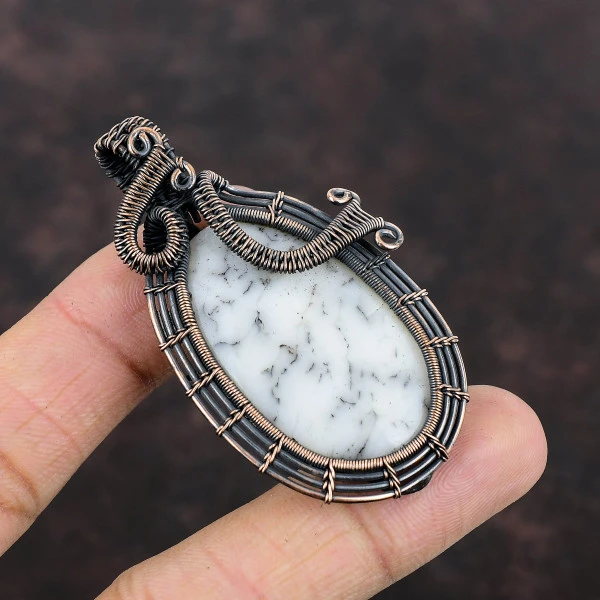 Dendrite Opal Oval White Handmade Copper Wire Wrapped Pendant