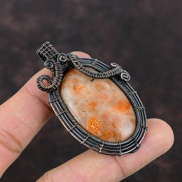 Sunstone Oval Orange Handmade Copper Wire Wrapped Pendant