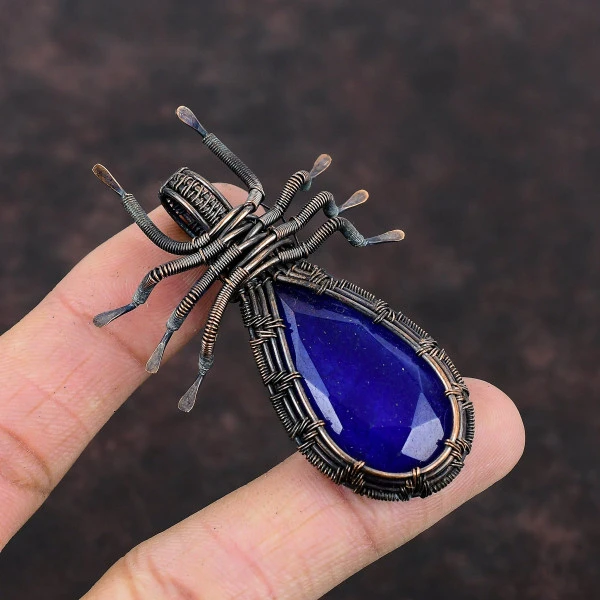 Blue Sapphire Pear Blue Handmade Copper Wire Wrapped Pendant