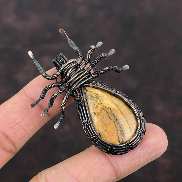 Picture Jasper Pear Brown Handmade Copper Wire Wrapped Pendant