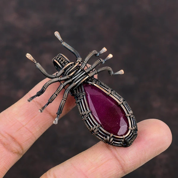 Kashmir Ruby Pear Red Handmade Copper Wire Wrapped Pendant