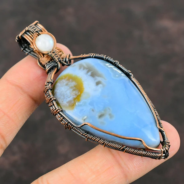 Owyhee Blue Opal Pear Blue Handmade Copper Wire Wrapped Pendant