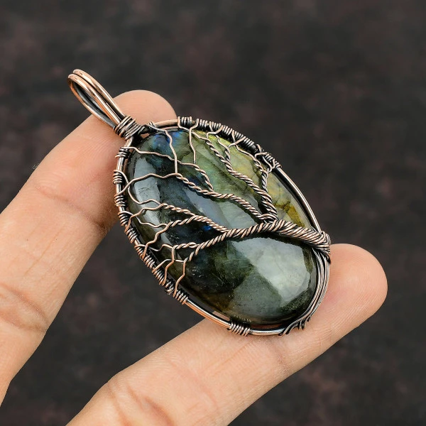 Labradorite Oval Gray Handmade Copper Wire Wrapped Pendant
