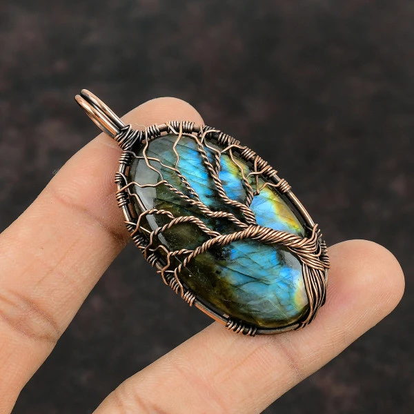 Labradorite Oval Blue Handmade Copper Wire Wrapped Pendant