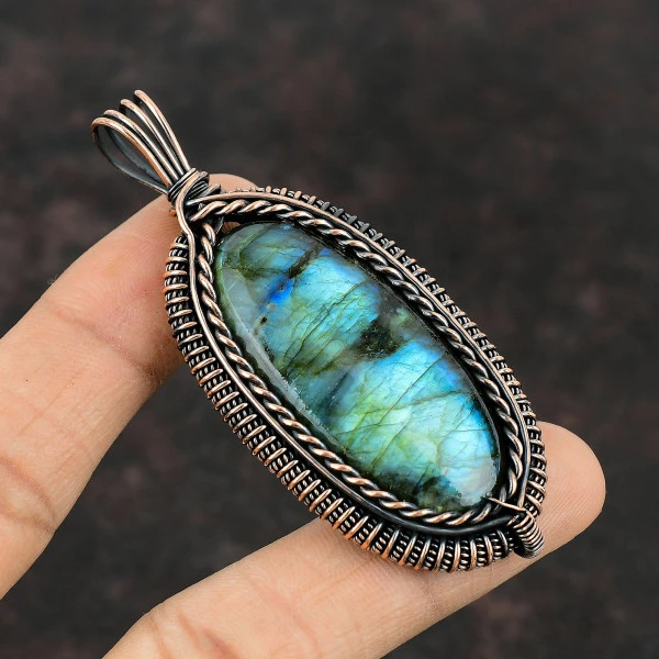 Labradorite Oval Blue Handmade Copper Wire Wrapped Pendant