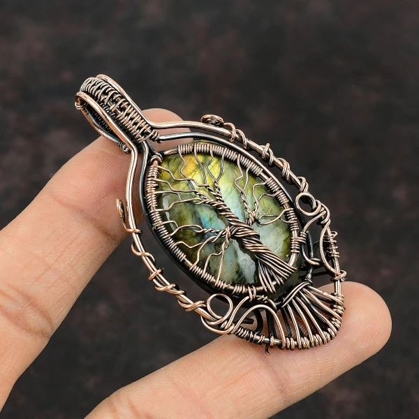 Labradorite Oval Gray Handmade Copper Wire Wrapped Pendant