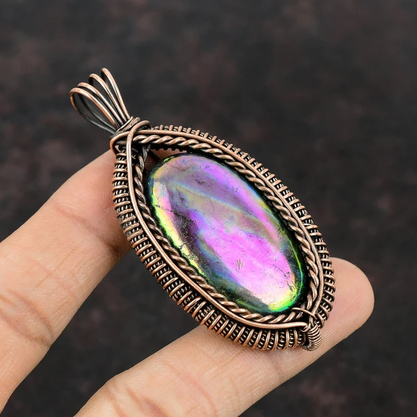 Mystic Fire Labradorite Oval Purple Handmade Copper Wire Wrapped Pendant