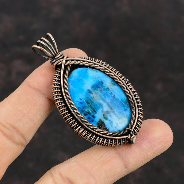 Neon Apatite Oval Blue Handmade Copper Wire Wrapped Pendant