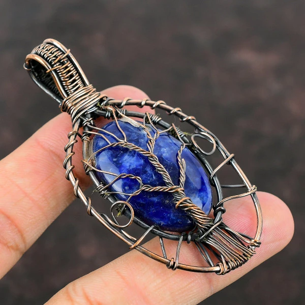 Sodalite Oval Blue Handmade Copper Wire Wrapped Pendant