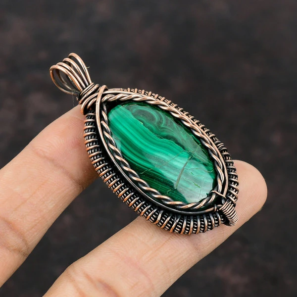 Malachite Oval Green Handmade Copper Wire Wrapped Pendant