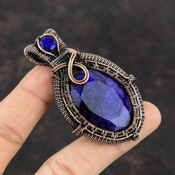 Blue Sapphire Oval Blue Handmade Copper Wire Wrapped Pendant
