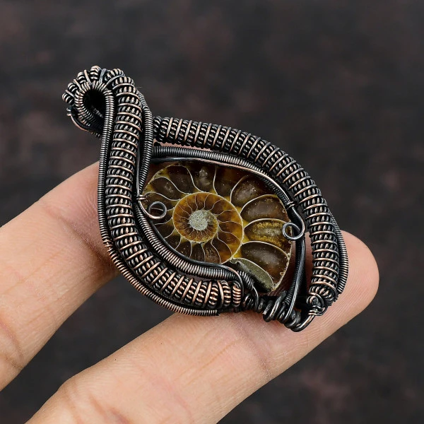Ammonite Fossil Pear Brown Handmade Copper Wire Wrapped Pendant