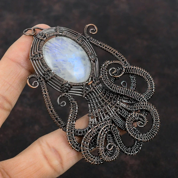 Rainbow Moonstone Oval White Handmade Copper Wire Wrapped Pendant