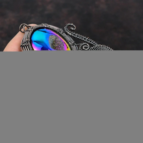 Titanium Druzy Oval Purple Handmade Copper Wire Wrapped Pendant