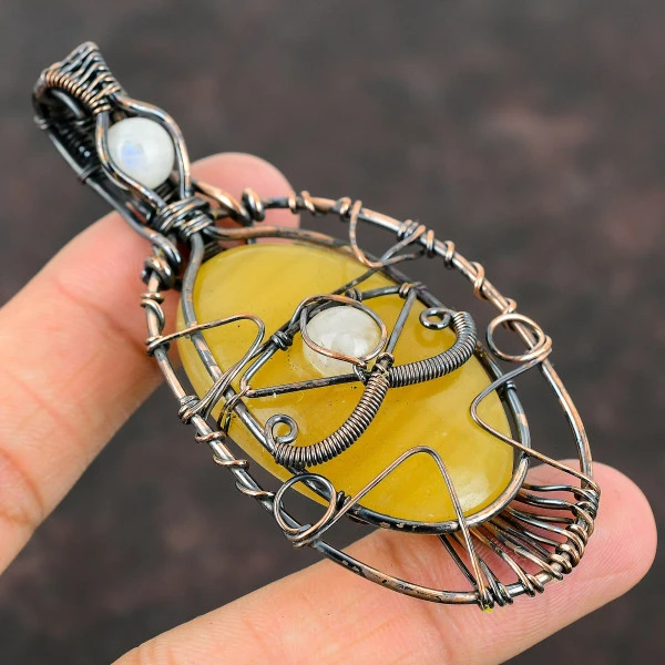 Yellow Lace Agate Oval Yellow Handmade Copper Wire Wrapped Pendant
