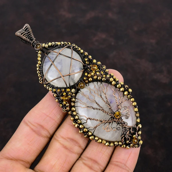 Rainbow Moonstone Oval White Handmade Copper Wire Wrapped Pendant