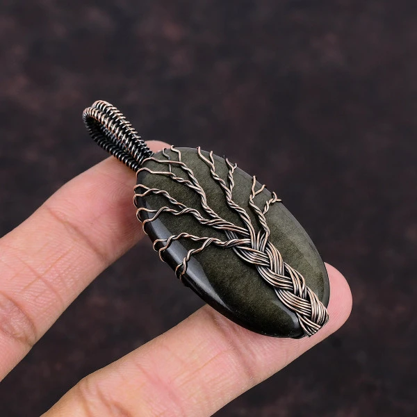Tree Of Life Silver Sheen Obsidian Pendant Copper Wire Wrapped Gemstone Jewelry