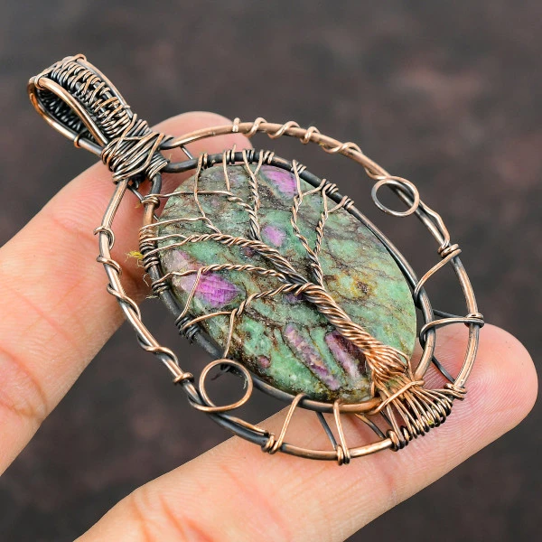 Ruby Fuchsite Oval Green Handmade Copper Wire Wrapped Pendant