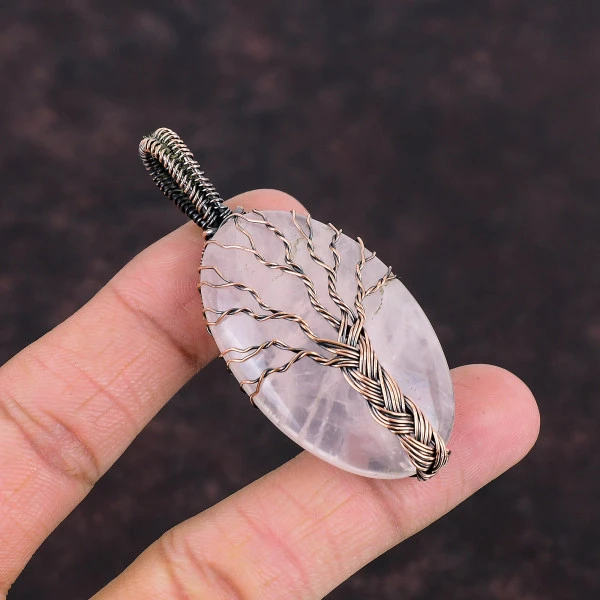 Tree Of Life Rose Quartz Copper Pendant Handmade Wire Wrapped Gemstone Pendant