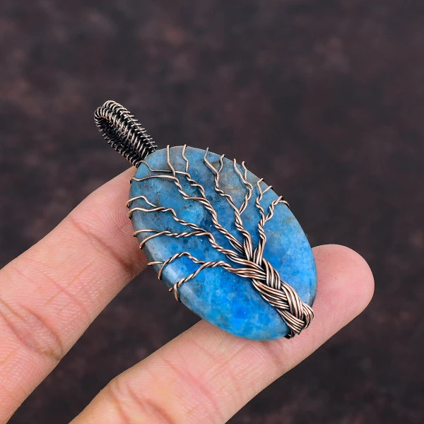 Tree Of Life Neon Apatite Copper Pendant Handmade Wire Wrapped Gemstone Jewelry