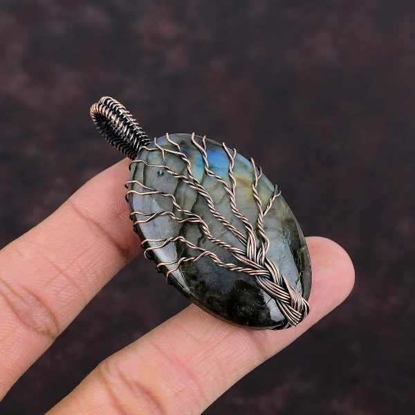 Tree Of Life Labradorite Gemstone Copper Pendant Handmade Wire Wrapped Jewelry