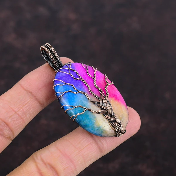 Tree Of Life Rainbow Solar Quartz Druzy Pendant Copper Wire Wrap Stone Jewelry