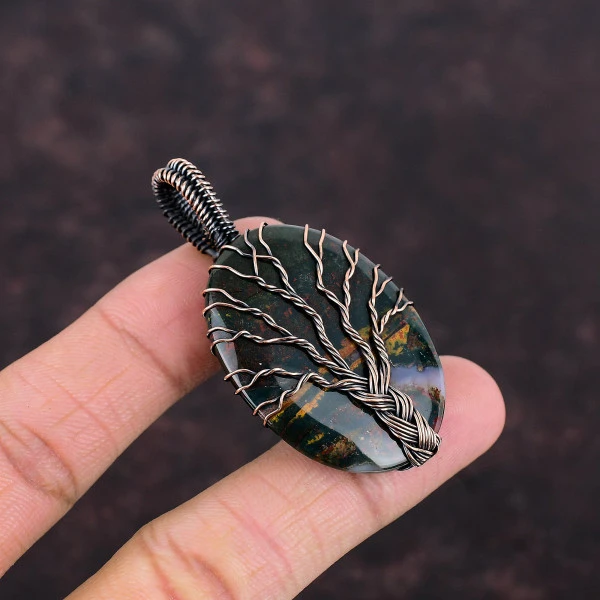 Tree Of Life Bloodstone Gemstone Pendant Handmade Copper Wire Wrapped Pendant