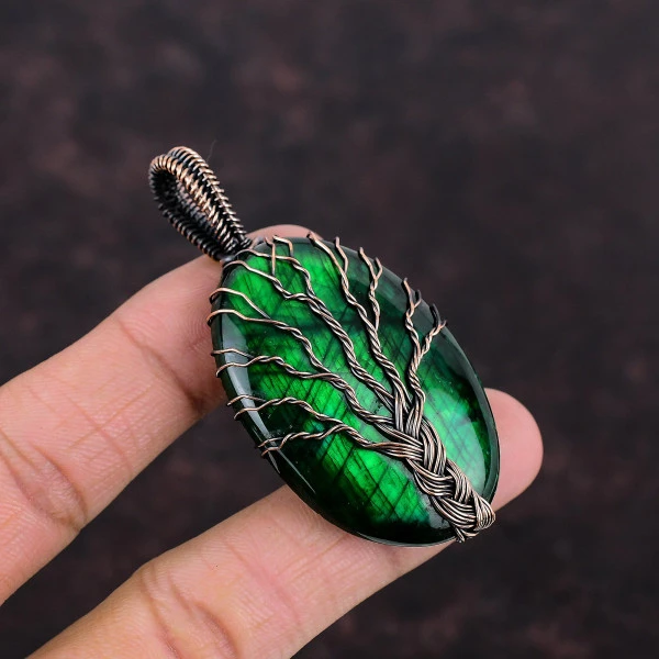 Tree Of Life Green Fire Labradorite Gemstone Pendant Copper Wire Wrapped Pendant