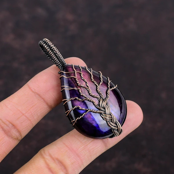 Tree Of Life Purple Fire Labradorite Gemstone Pendant Copper Wire Wrap Pendant