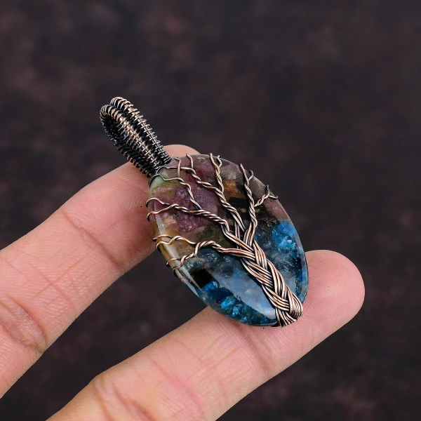 Tree Of Life Watermelon Tourmaline Gemstone Pendant Copper Wire Wrapped Pendant