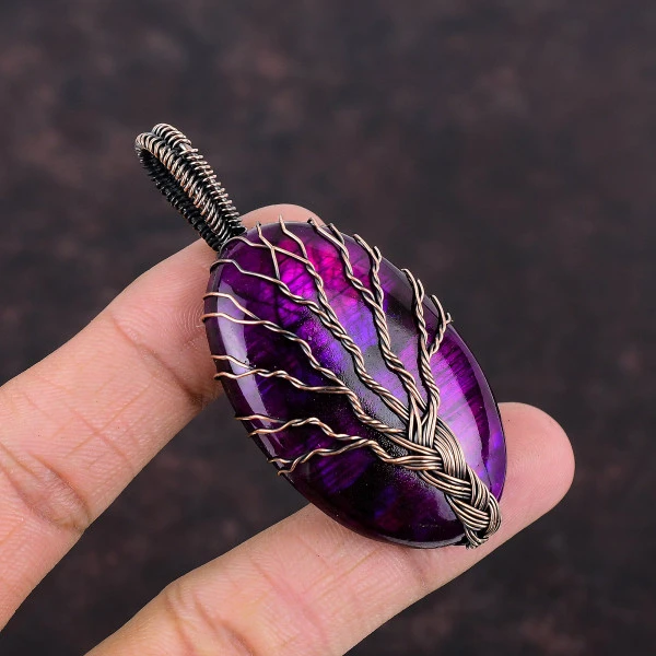 Tree Of Life Purple Fire Labradorite Pendant Copper Wire Wrap Gemstone Pendant