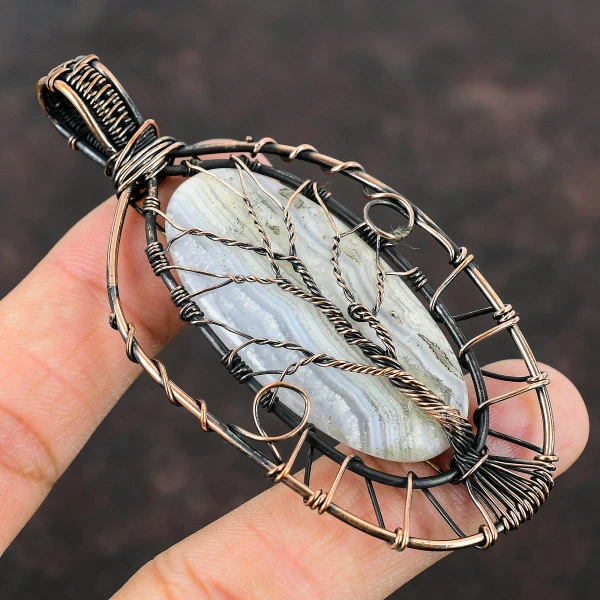 Blue Lace Agate Oval Blue Handmade Copper Wire Wrapped Pendant