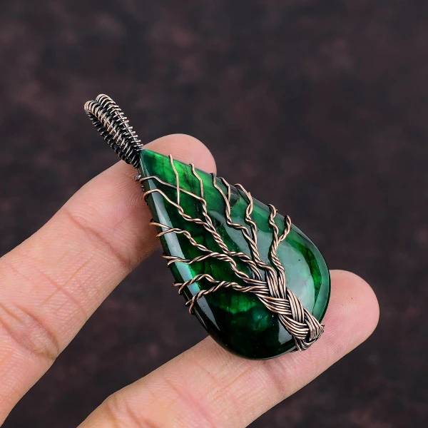 Tree Of Life Green Fire Labradorite Pendant Copper Wire Wrapped Gemstone Jewelry