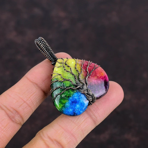 Tree Of Life Rainbow Solar Quartz Druzy Pendant Amazing Copper Wire Wrap Pendant