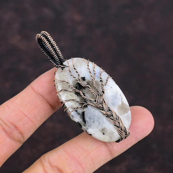 Tree Of Life Rainbow Moonstone Pendant Gemstone Jewelry Copper Wire Wrap Pendant