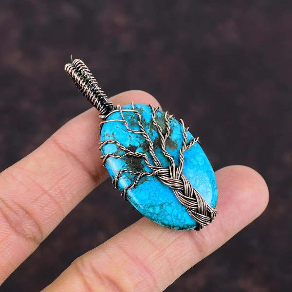 Tree Of Life Tibetan Turquoise Pendant Gemstone Pendant Copper Wire Wrap Jewelry