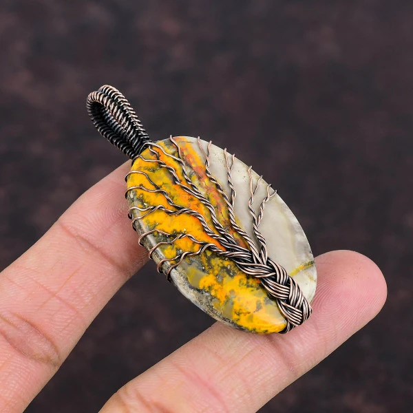 Tree Of Life Bumble Bee Jasper Pendant Gemstone Jewelry Copper Wire Wrap Pendant