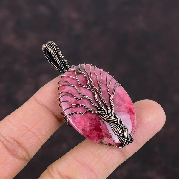 Tree Of Life Rhodonite Pendant Copper Wire Wrapped Pendant Real Gemstone Jewelry