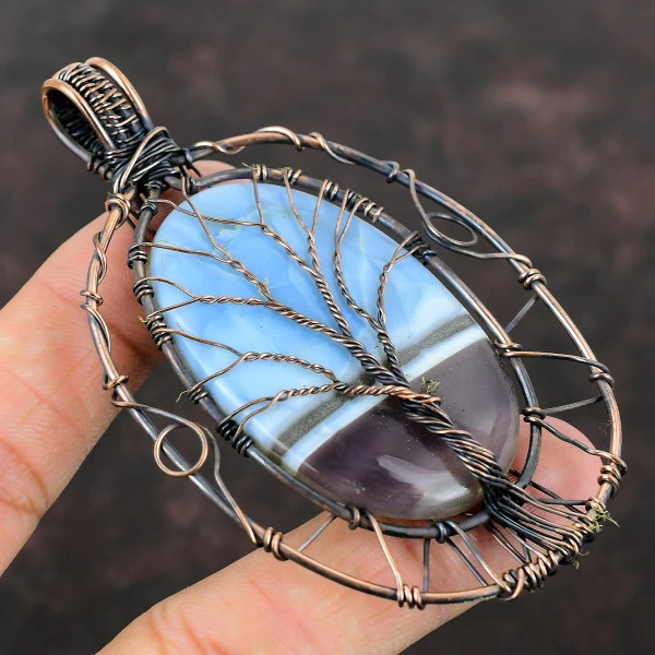 Owyhee Blue Opal Oval Blue Handmade Copper Wire Wrapped Pendant